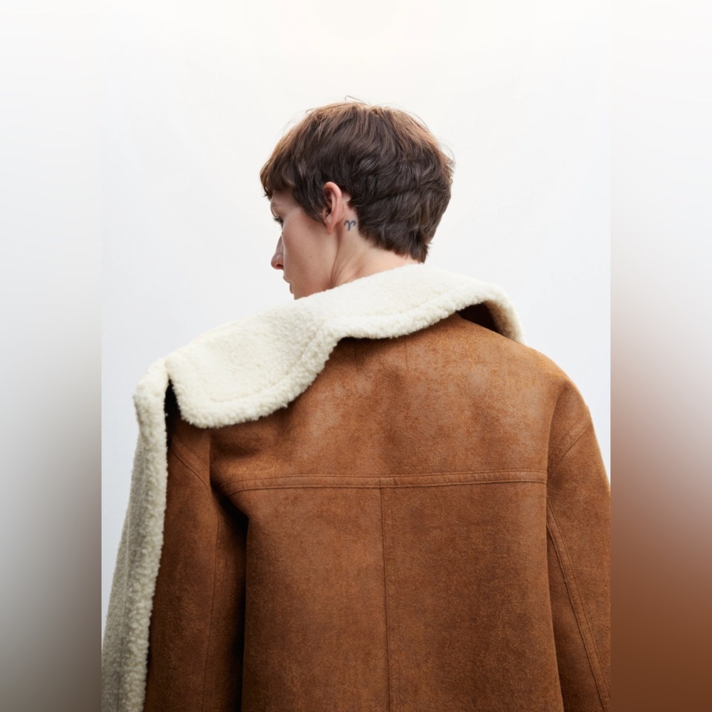 MANGO Oversized Cognag Tan Shearling Jacket Coat Size XS - Small Oversized - Picture 10 of 16